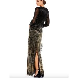 MAC DUGGAL Dress Size 16 Evening Gown Sequin Black Gold Beaded Fringe NEW